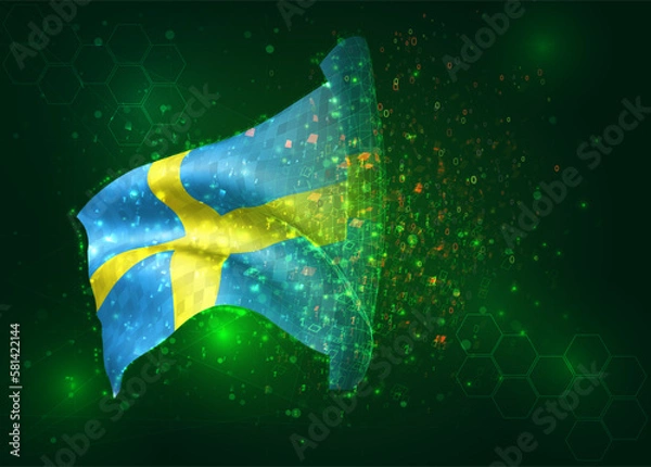 Fototapeta Sweden, on vector 3d flag on green background with polygons and data numbers