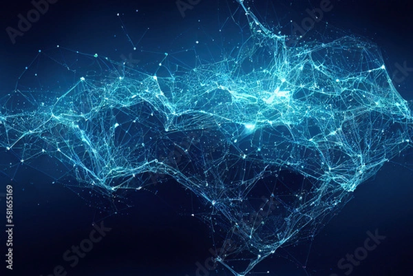 Fototapeta Beautiful abstract background. Intertwined blue bright lines on a dark background. Image to illustrate relationships, social networks, communications, telecommunications and space. Generative AI.