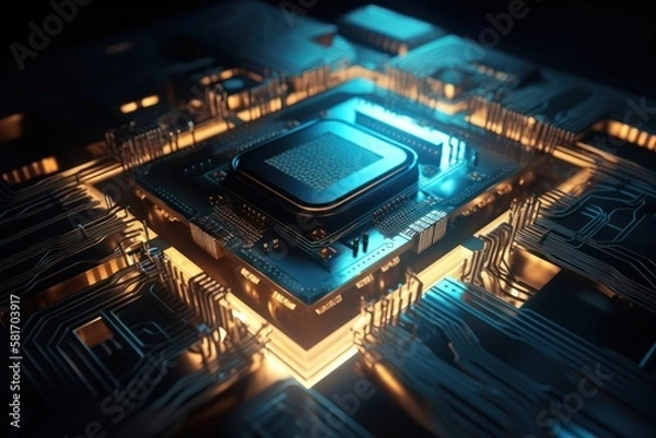 Fototapeta Abstract electronic circuit board background with motherboard and CPU and GPU, generative ai