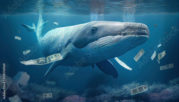 Fototapeta A big whale swims underwater among the money. Generative AI.