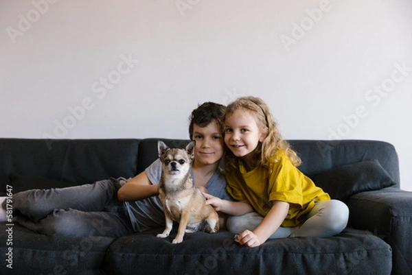 Fototapeta 2 children sitting on the couch petting a small chihuahua dog, portrait, close up, lifestyle