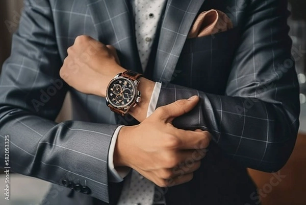 Fototapeta Confident Man in Suit Adjusting His Watch, AI-Generated