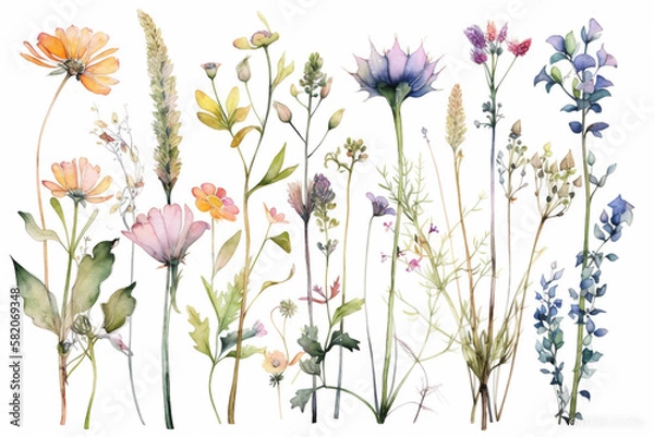 Obraz delicate watercolor beautiful meadow flowers on white background. generative ai