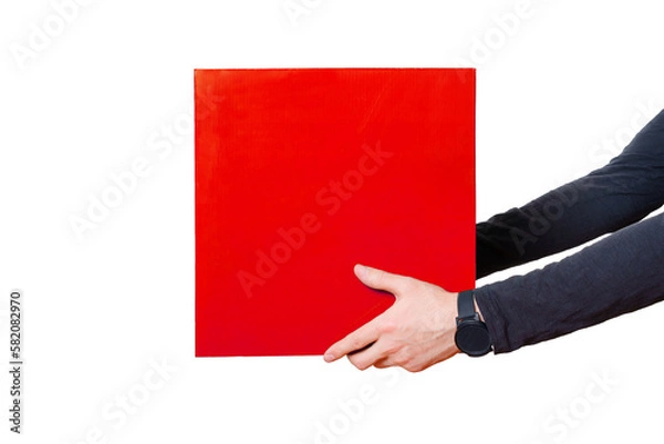 Fototapeta Hands Holding Large Red Box Isolated on White