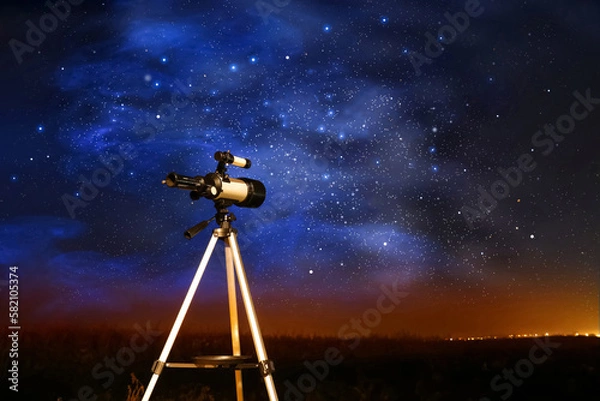 Fototapeta New astronomy telescope outdoors, space for text. Picturesque view of shiny stars at night