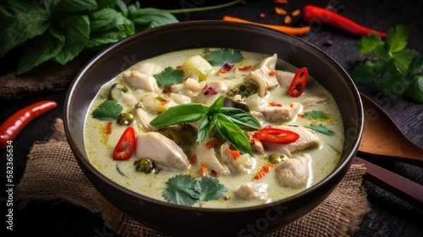 Fototapeta Thai food chicken green curry on dark wooden background. Generative AI Technology