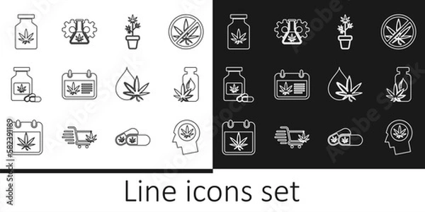 Fototapeta Set line Head in profile with marijuana, Marijuana or cannabis leaf oil, plant pot, Calendar and, Medical bottle, and Test tube icon. Vector