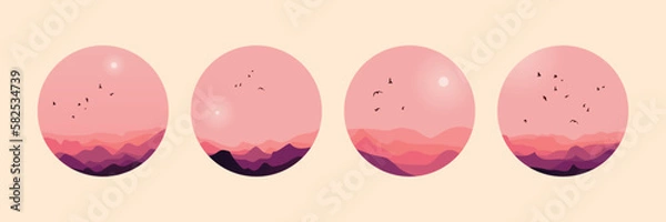 Obraz Set of decorative circular pink illustrations of landscapes with birds and mountains. Perfect for decoration.