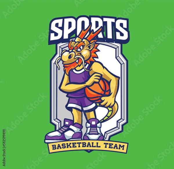 Fototapeta Vector illustration of dragon mascot with basketball player pose with sport logo style