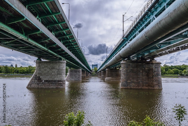 Fototapeta Gdanski Bridge and Citadel Rail Bridge over River Vistula in Warsaw city, Poland