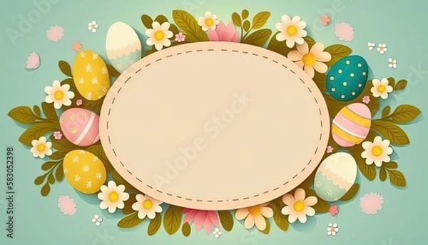 Fototapeta Happy easter greeting card  in    doodle flat style with egg and minimalistic flat color flowers.  Empty Space for your greeting text. Generative Ai.