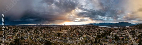 Fototapeta Modern City Suburban Neighborhood. Burnaby, Vancouver, BC, Canada. Aerial Panorama. Winter Sunset