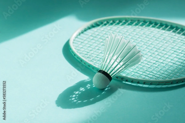 Fototapeta Badminton racket and shuttlecock on mint color background. Horizontal sport theme poster, greeting cards, headers, website and app