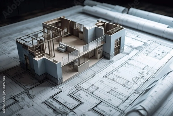 Fototapeta house mockup on top of blueprints, generative ai