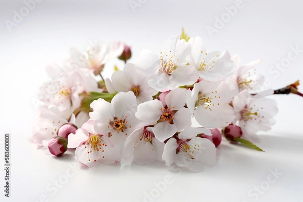 Fototapeta white cherry blossoms isolated on white background. Created with AI