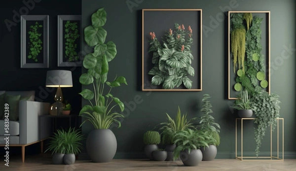 Fototapeta Potted plants decorate living room with green color walls with art gallery frame. Generative Ai.