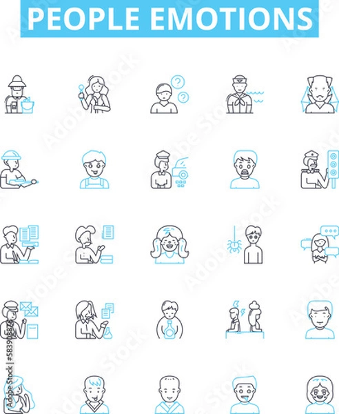 Fototapeta People emotions vector line icons set. Joyful, Sad, Content, Excited, Afraid, Bitter, Loving illustration outline concept symbols and signs