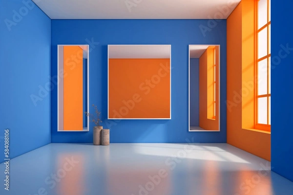 Fototapeta empty blue interior room with wall picture frame, day light, generative ai