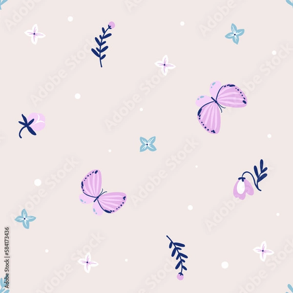 Fototapeta Butterflies and wild flowers, seamless pattern with vector hand drawn art