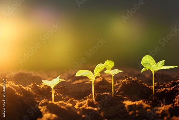 Fototapeta Sprouts growing in beds. Blooming green saplings in ground. Concept of horticulture, agriculture and organic products. Generative AI.