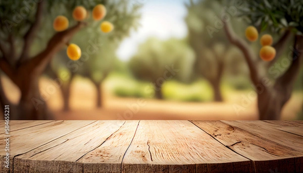 Fototapeta Empty wood table with free space over orange tree. Ai generative