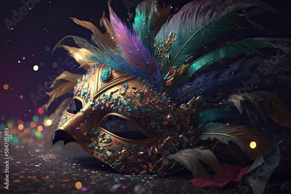 Fototapeta Mardi gras mask with lot of shiny confetti glitter and feathers. Neural network AI generated art