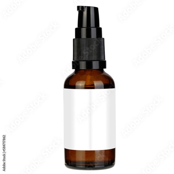 Fototapeta Amber bottle for essential oils and cosmetic products - spray bottle, mockup isolated on white background.