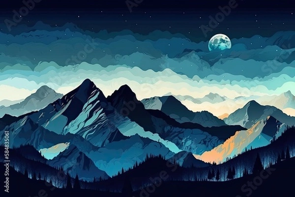 Fototapeta Gorgeous natural scenery mountains with crescent moon, simple art landscape, mountain wall art, abstract boho nature wall, ideal art for living room or workplace. Generative AI