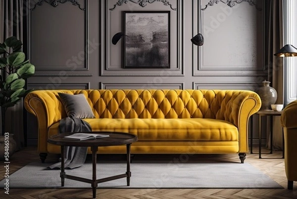 Fototapeta Yellow couch mockup living room decor. Generative AI