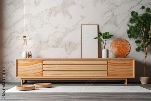 Fototapeta White orange Japanese living room. Wooden dresser with wall mockup. Marble floor, panorama, wallpaper mockup. Modern decor,. Generative AI