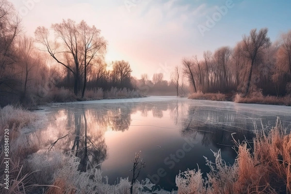 Fototapeta Frozen ice lake in winter in a park in the forest in sunny weather a panoramic view with a blue sky