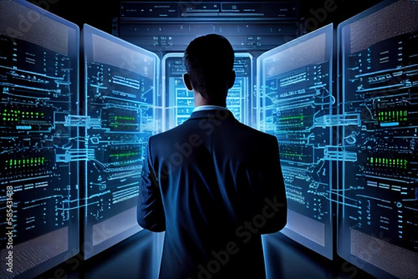 Fototapeta Shot of Corridor in Working Data Center Full of Rack Servers and businessman , AI Generated