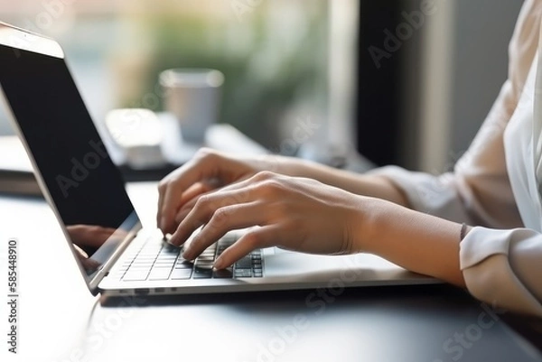 Fototapeta Business woman hands typing on laptop computer, surfing the internet, online working from home office with mobile phone, digital tablet on office table, freelancer at work, telecommuting concept