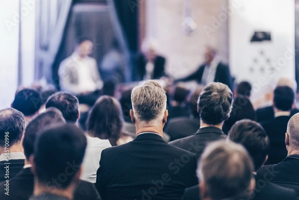 Fototapeta Round table discussion at business conference meeting event.. Audience at the conference hall. Business and entrepreneurship symposium