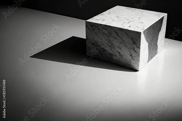 Fototapeta black and white picture of a large granite block beautifully marbled, standing on white background created with Generative AI technology