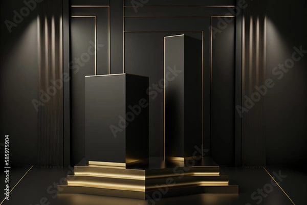 Fototapeta Interior of black room with gold and black podium (AI Generated)