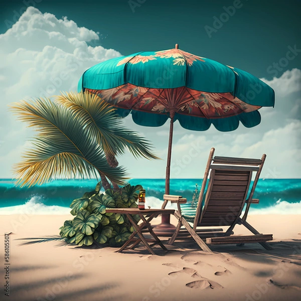 Fototapeta Summer Beach Holiday with Chair and Umbrella Beach. Generative AI