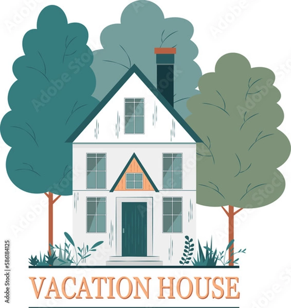 Fototapeta Welcome to the vacation home concept. Rest in nature in the mountains and forest. Cozy yard illustration for card, banner. Vector