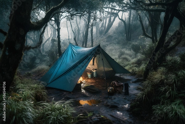 Fototapeta Wilderness Survival: Bushcraft Tent Under the Tarp in Heavy Rain, Embracing the Chill of Dawn - A Scene of Endurance and Resilience