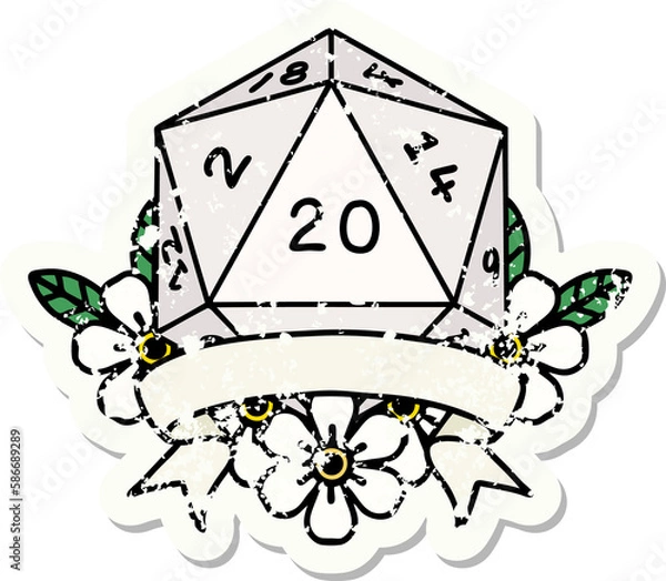 Fototapeta natural 20 critical hit D20 dice roll grunge sticker