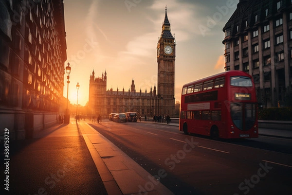 Fototapeta Red bus on road in London near Big Ben Clock Tower. Road traffic in London city. Big Ben in London on sunset. Red bus on City streets in England, UK, United Kingdom. Ai generative illustration.