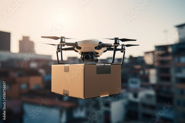 Fototapeta Delivery of goods to client using a drone. Drone with a box delivers an order to a customer. Cargo delivery service using a quadrocopter. Drone delivery, Ai generative illustration.