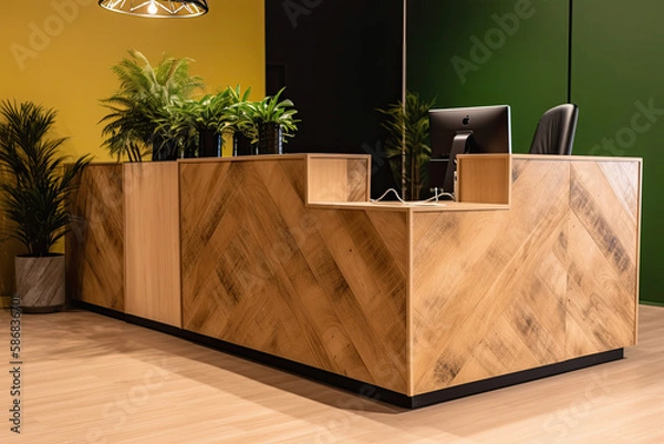 Fototapeta Perspective view on stylish reception desk made from natural wooden slab with modern computers on parquet floor with green plants on beige wall golden decorated background - Generative AI