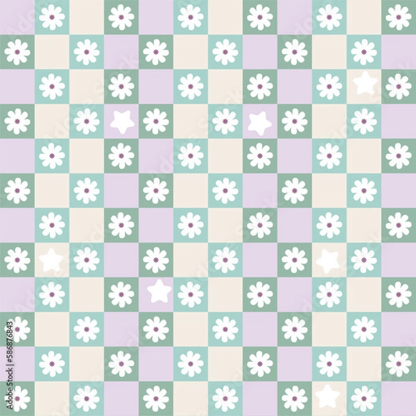 Fototapeta Abstract Tiny Colorful Squares Small Flowers Geometric Retro Pattern Trendy Pastel Fashion Colors Perfect for Allover Fabric Print or Wrapping Paper Cute Design