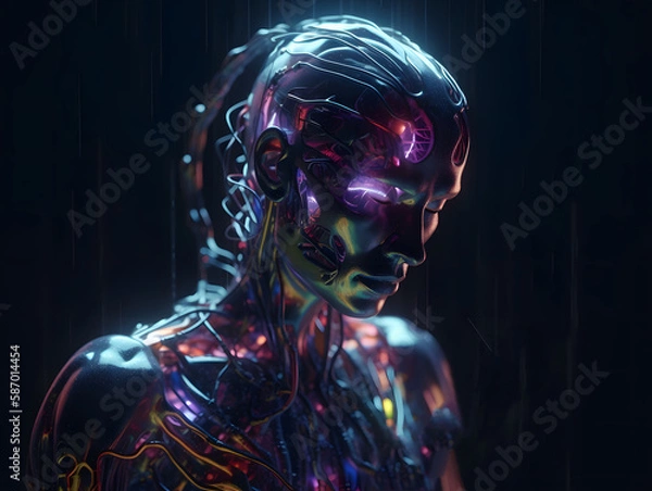 Fototapeta surreal human with transparent brain connected with neuralink chip cyberpunk style, AI Generated