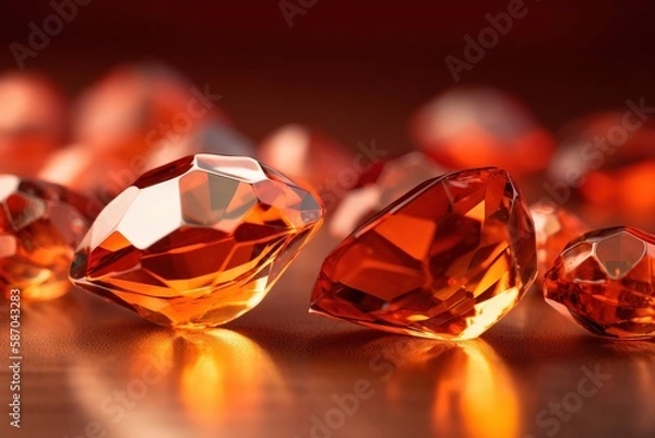 Fototapeta  a group of orange diamonds sitting on top of a wooden table next to a red wall and a black background with a red light shining on it.  generative ai