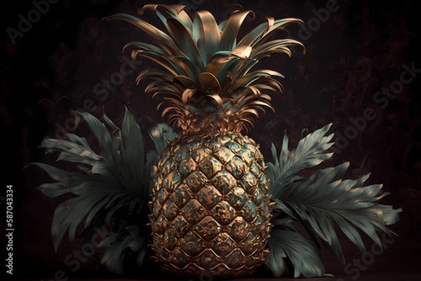 Fototapeta Golden pineapple. AI generation