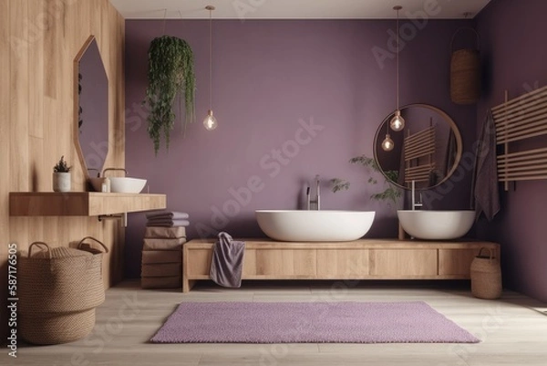 Fototapeta White and purple Japanese minimalist bathroom. Bathtub and washbasin. Farmhouse decor,. Generative AI