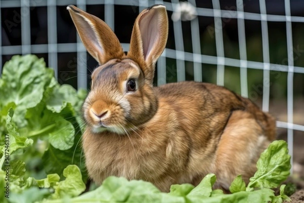 Fototapeta Domesticated brown rabbit with ling ears munches on a lettuce leaf while sitting in a cage on the green grass. Generative AI