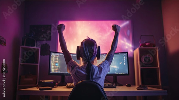 Fototapeta Gamer girl celebrating victory in her gaming room. Genarative AI